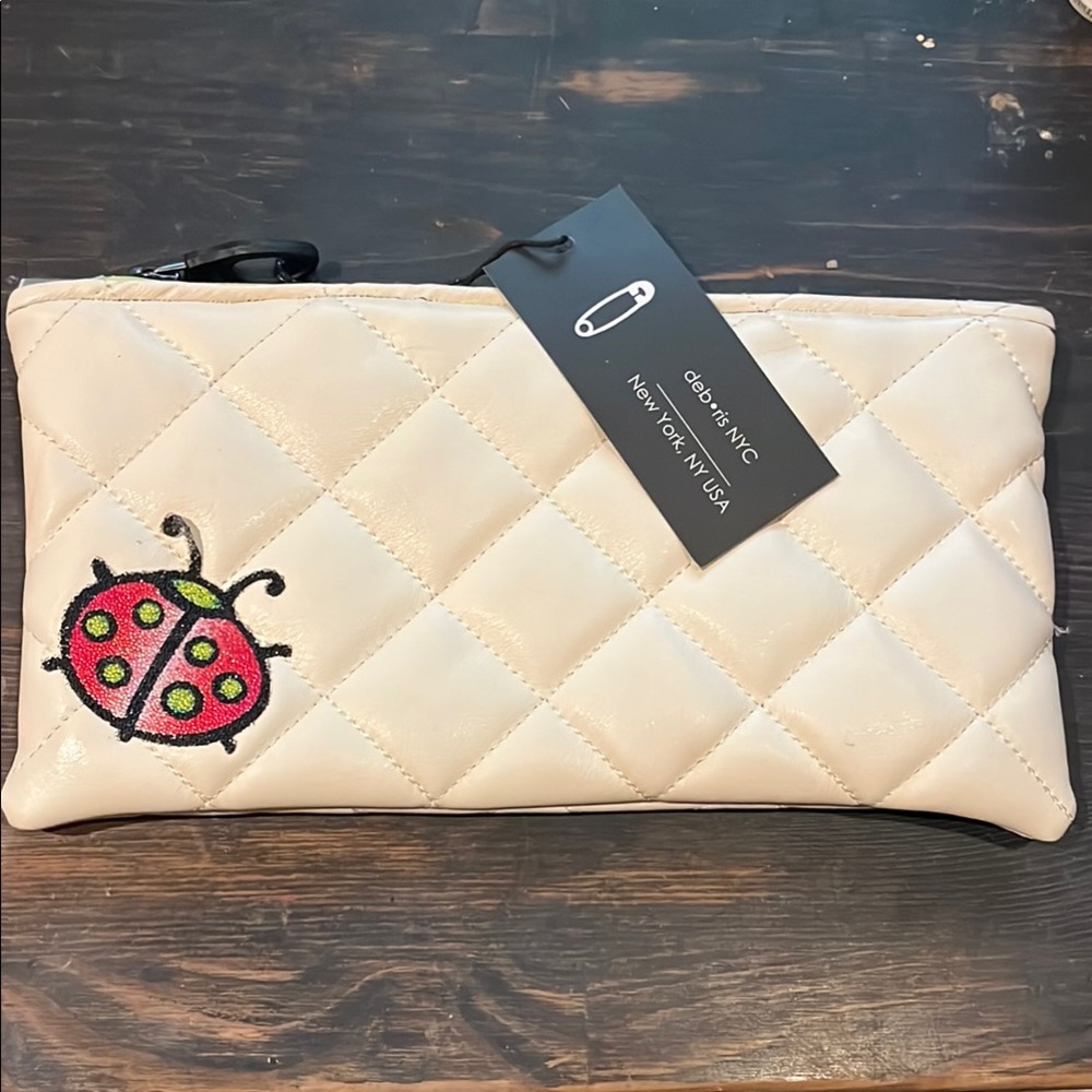 Handmade White Matte Vinyl Quilted Cosmetic Bag with jelly sparkle Lady Bug